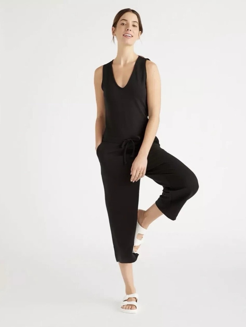 Quince French Terry Modal Jumpsuit One Piece Waist Drawstring Ankle Black